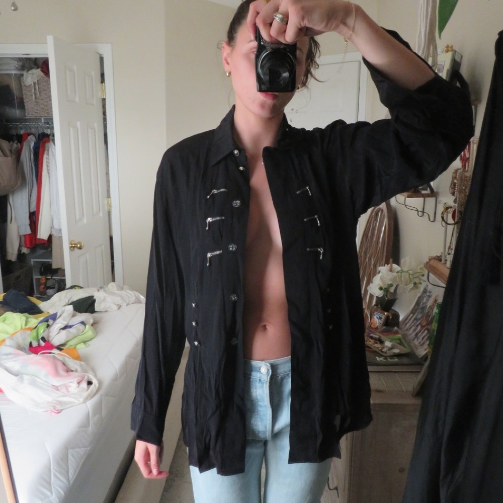 Vintage Black Button-Up Shirt with Silver Accents